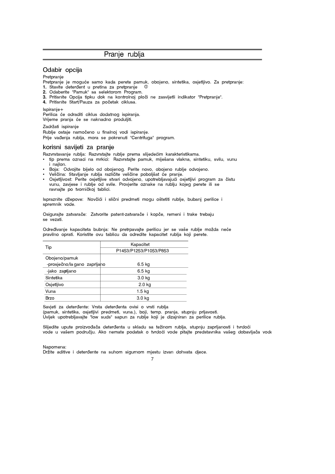 Samsung P1053GW/YLG, P1453GW/YPQ, P1453GW/YLG manual Odabir Opcija, Korisni Savijeti Pranje 