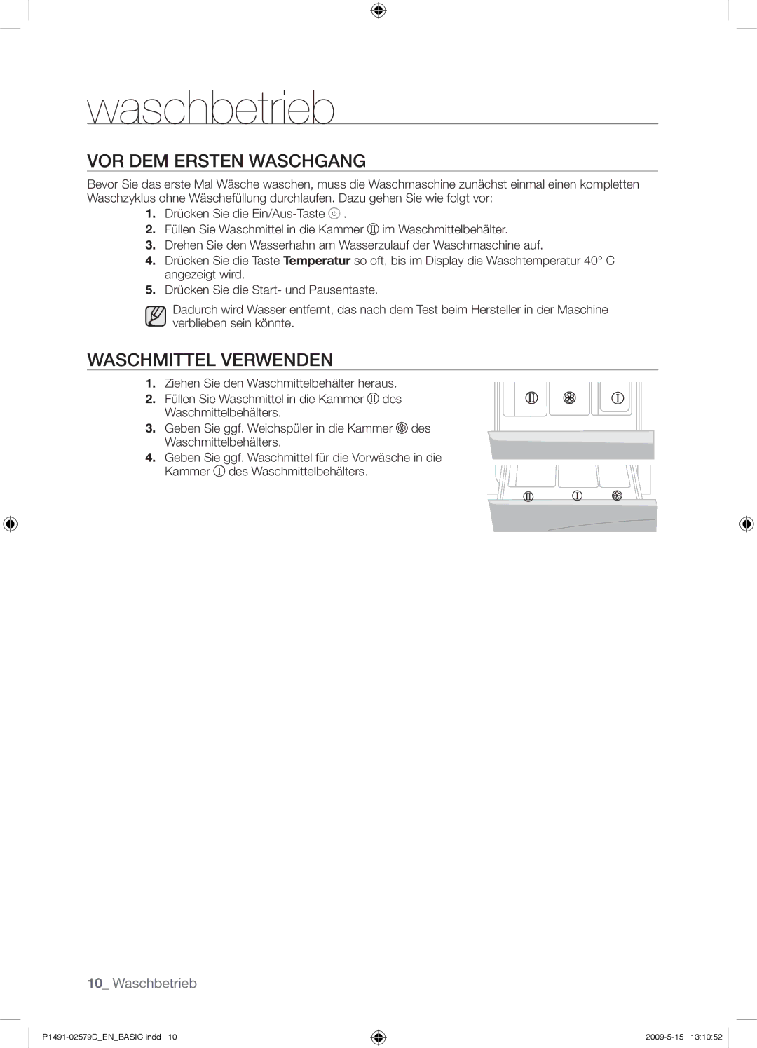 Samsung P1491GW/XEG manual VOR DEM Ersten Waschgang, Waschmittel Verwenden 