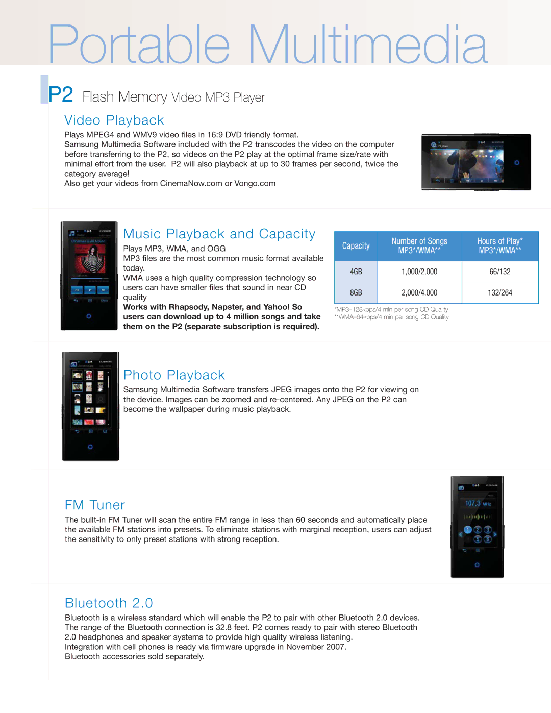 Samsung P2 manual Video Playback, Music Playback and Capacity, Photo Playback, FM Tuner, Bluetooth 