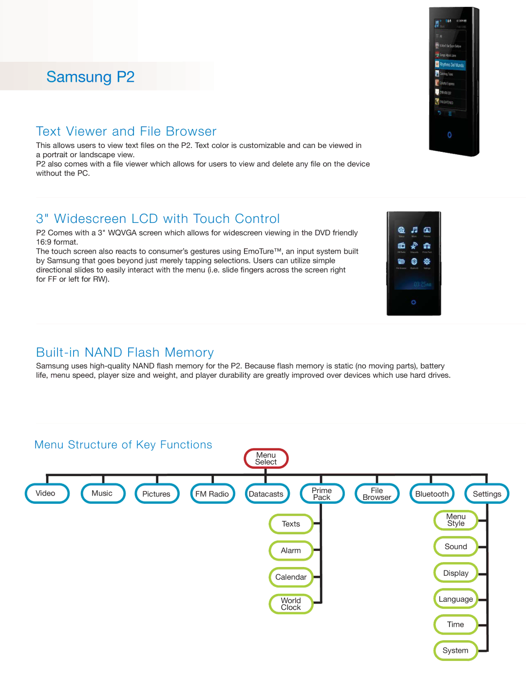 Samsung P2 manual Text Viewer and File Browser, Widescreen LCD with Touch Control, Built-in Nand Flash Memory 