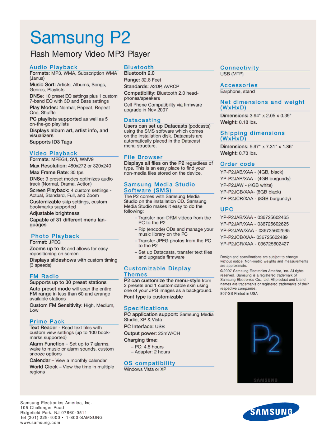 Samsung P2 manual Upc 