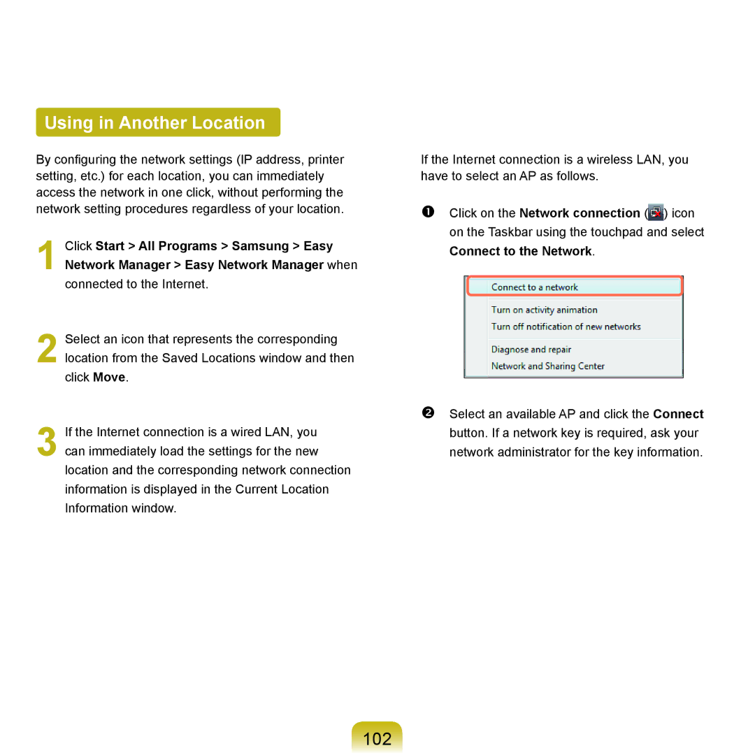 Samsung Q46c, P200, Q45c manual Using in Another Location, 102, Connect to the Network 