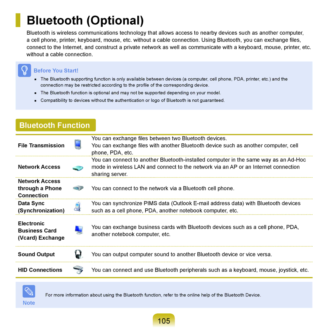 Samsung Q46c, P200, Q45c manual Bluetooth Optional, Bluetooth Function, 105 