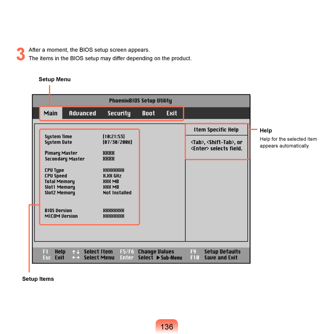 Samsung Q45c, P200, Q46c manual 136, Setup Menu Help, Setup Items 