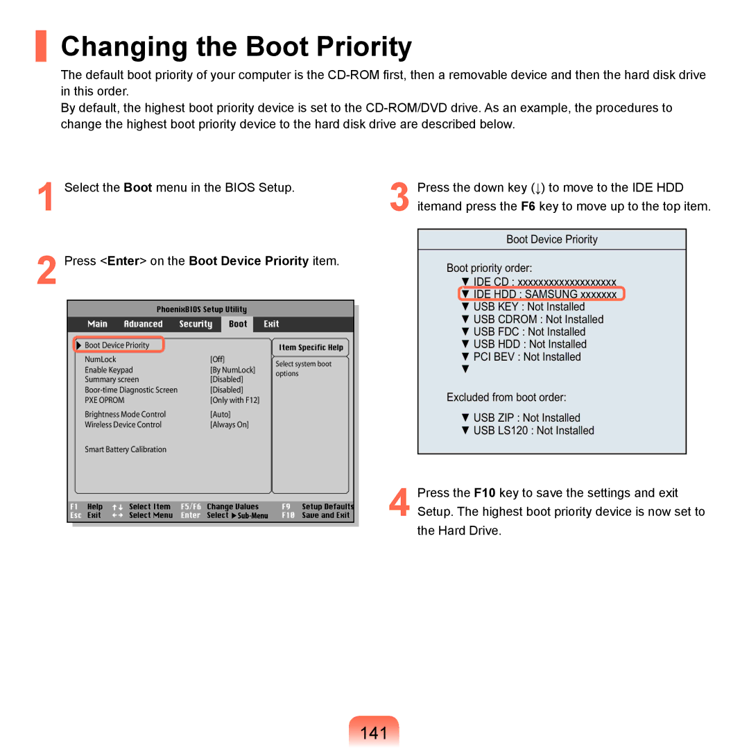 Samsung Q46c, P200, Q45c manual Changing the Boot Priority, 141, Press Enter on the Boot Device Priority item 