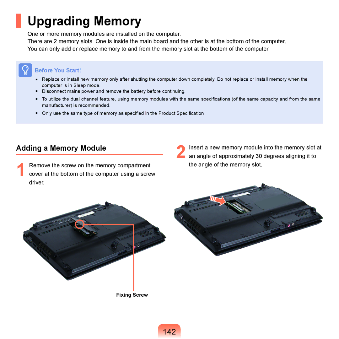 Samsung Q45c, P200, Q46c manual Upgrading Memory, 142, Adding a Memory Module 