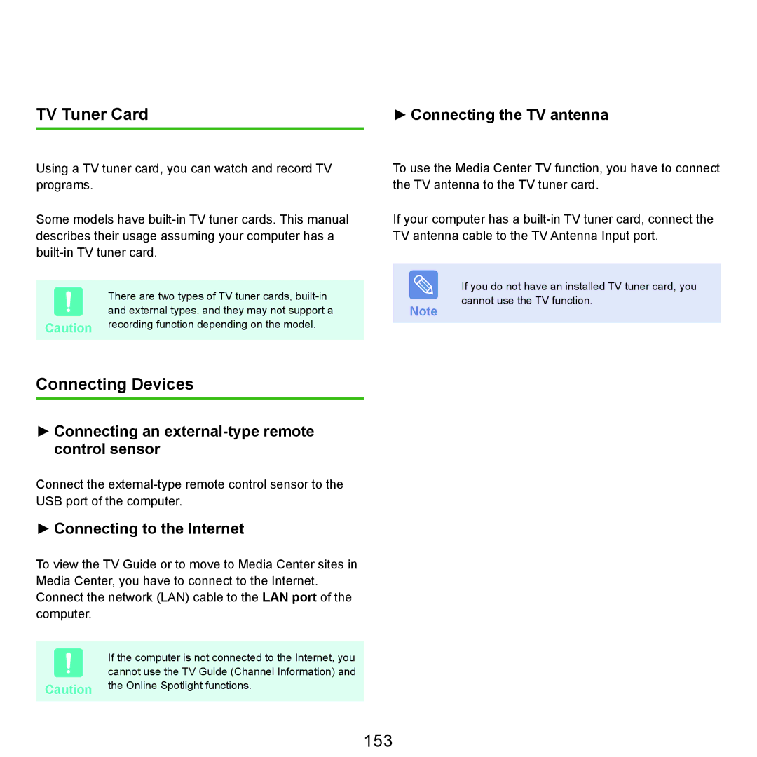 Samsung Q46c, P200, Q45c manual 153, TV Tuner Card, Connecting Devices 
