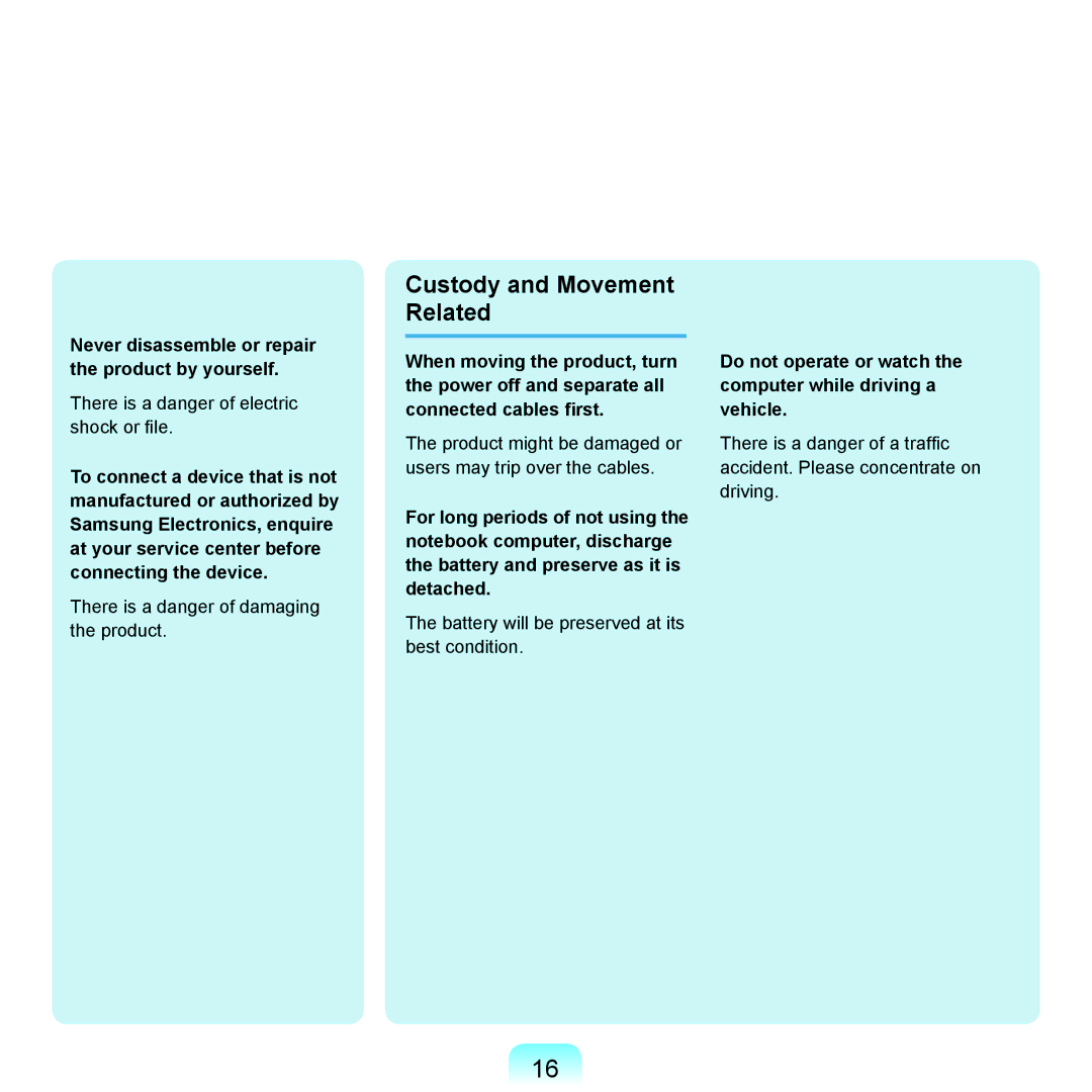 Samsung Q45c, P200, Q46c manual Never disassemble or repair the product by yourself 