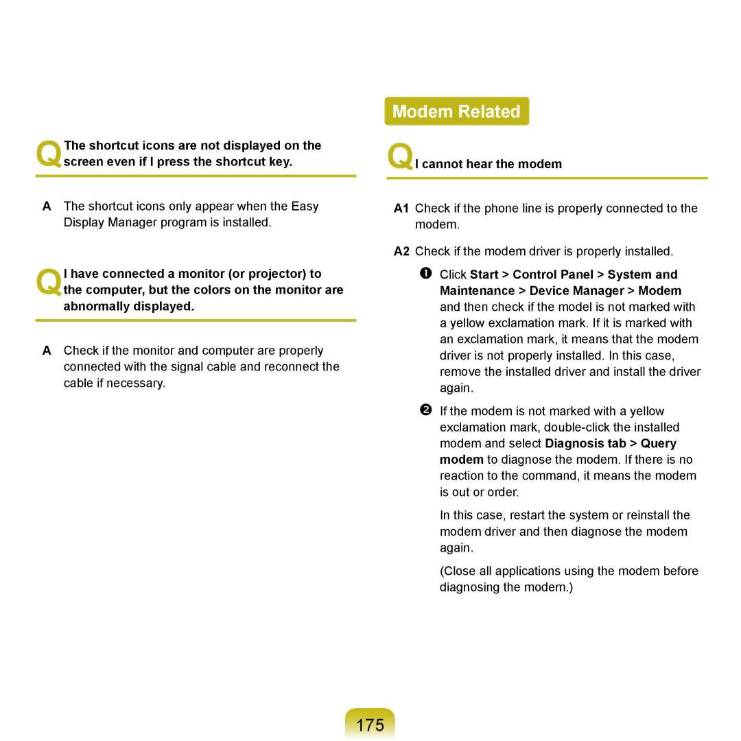 Samsung Q45c, P200, Q46c manual Modem Related, 175, QI cannot hear the modem 