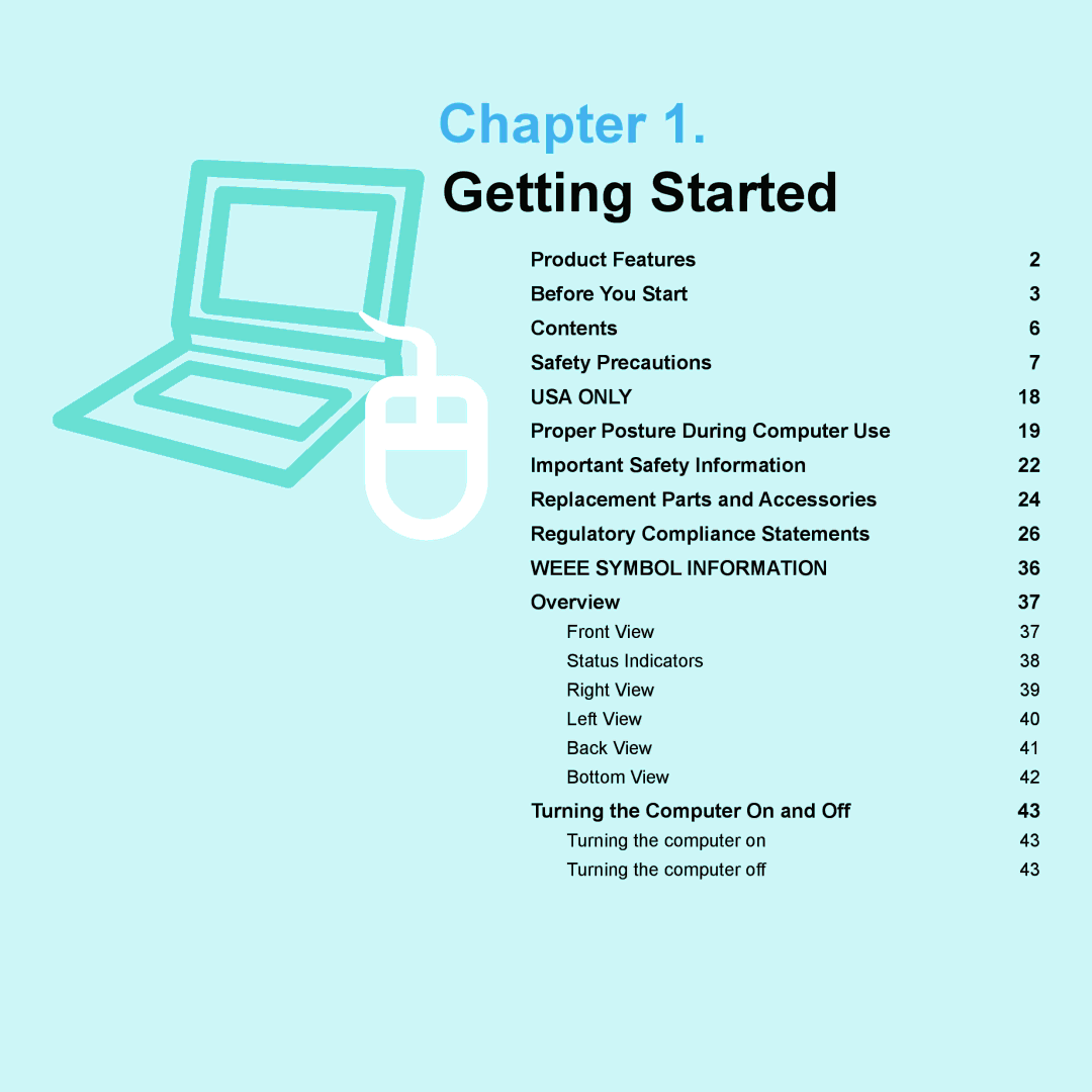 Samsung Q45c, P200, Q46c manual Chapter, Turning the computer on Turning the computer off 