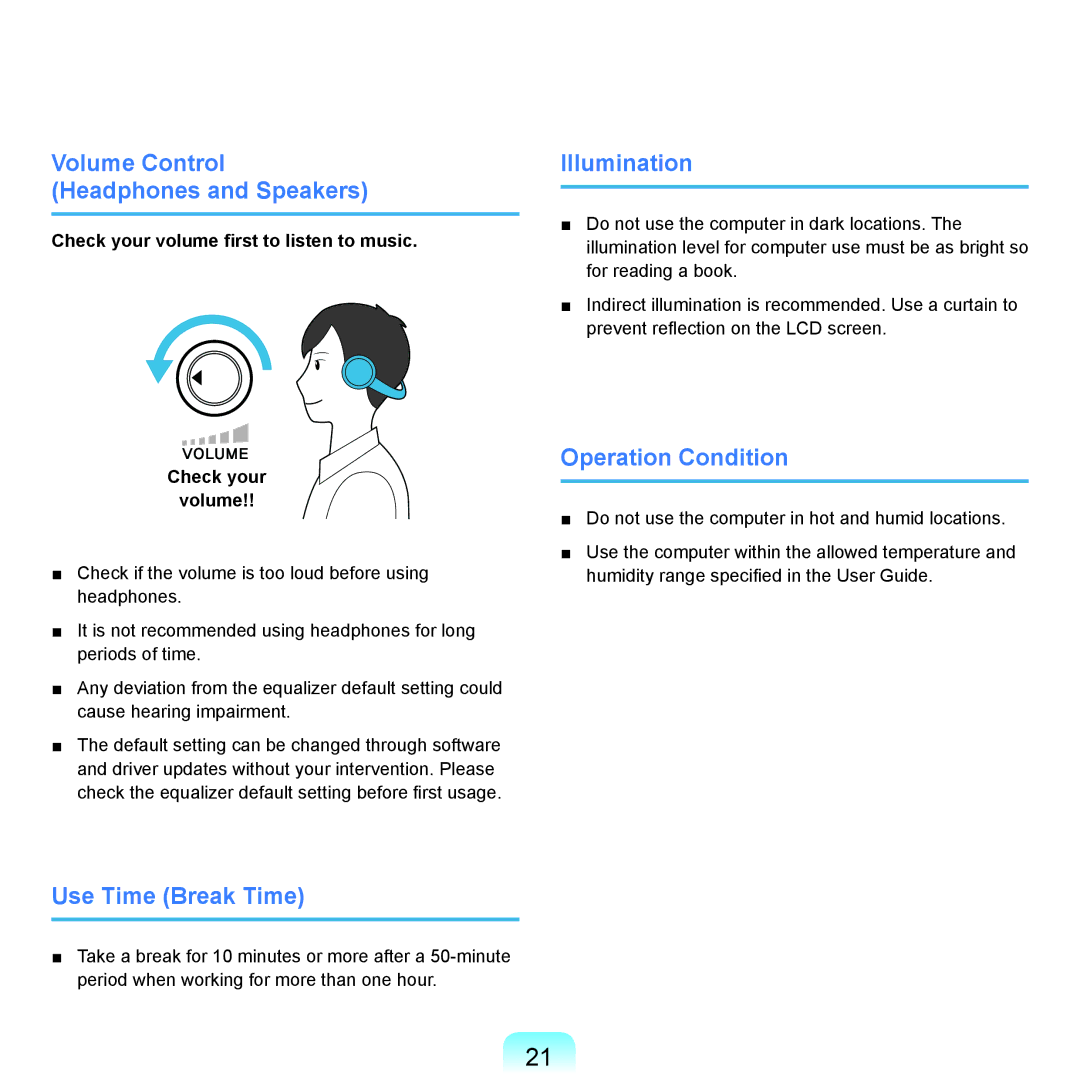 Samsung Q46c, P200, Q45c Volume Control Headphones and Speakers, Use Time Break Time, Illumination, Operation Condition 