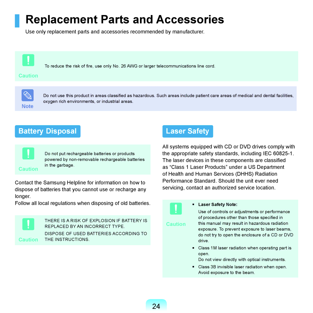 Samsung Q46c, P200, Q45c manual Replacement Parts and Accessories, Battery Disposal Laser Safety, Laser Safety Note 