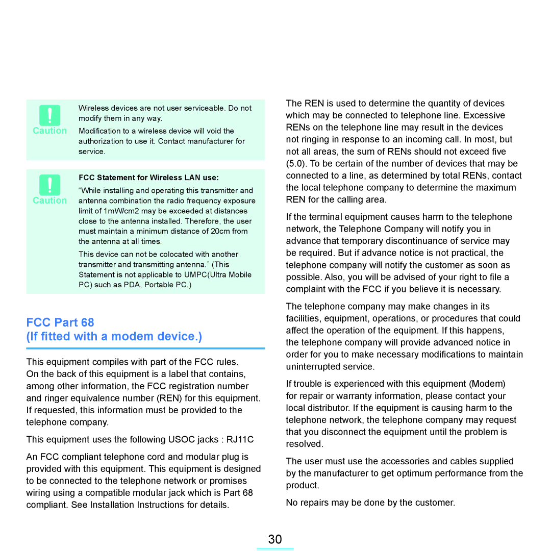 Samsung Q46c, P200, Q45c manual FCC Part If fitted with a modem device, FCC Statement for Wireless LAN use 