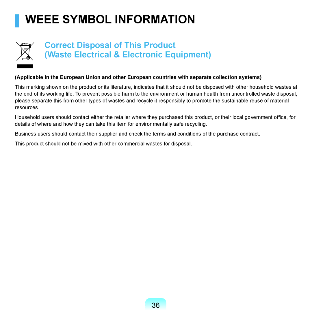 Samsung Q46c, P200, Q45c manual Weee Symbol Information 