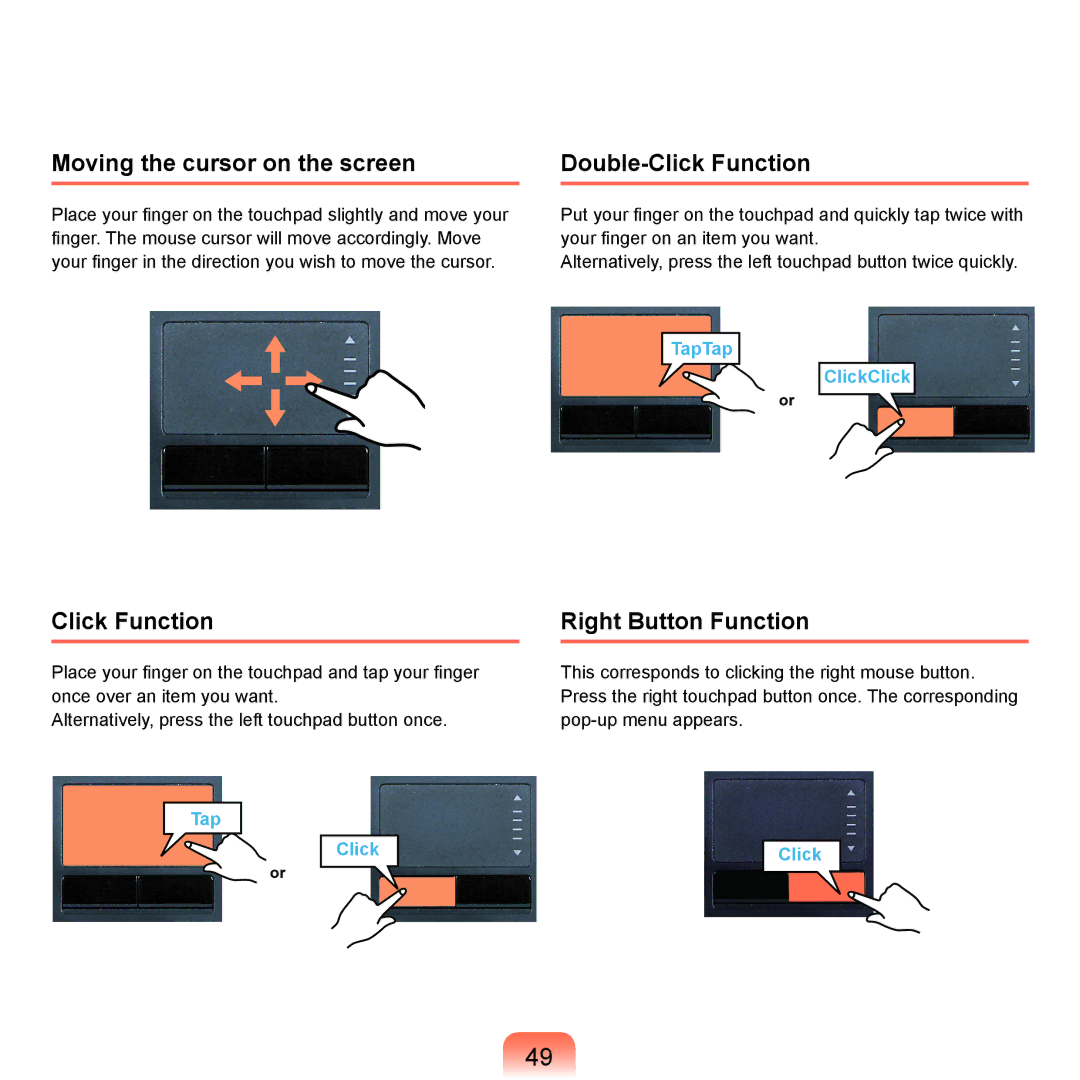 Samsung Q45c, P200, Q46c manual Moving the cursor on the screen, Double-Click Function, Right Button Function 