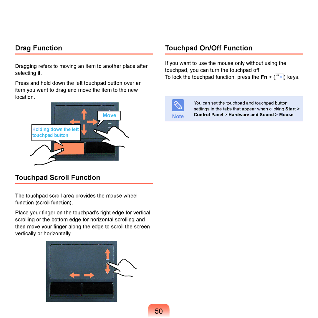 Samsung P200 Drag Function, Touchpad On/Off Function, Touchpad Scroll Function, Control Panel Hardware and Sound Mouse 