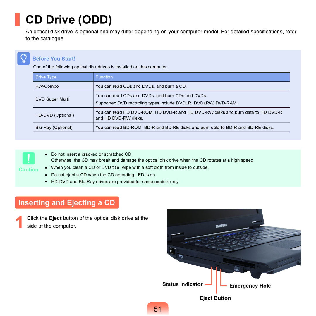 Samsung Q46c, P200, Q45c manual CD Drive ODD, Inserting and Ejecting a CD, Status Indicator Emergency Hole Eject Button 