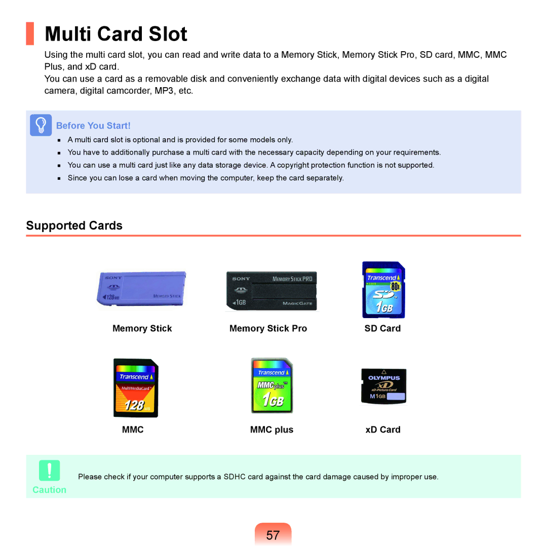 Samsung Q46c, P200, Q45c manual Multi Card Slot, Supported Cards, Memory Stick Memory Stick Pro SD Card, MMC plus XD Card 