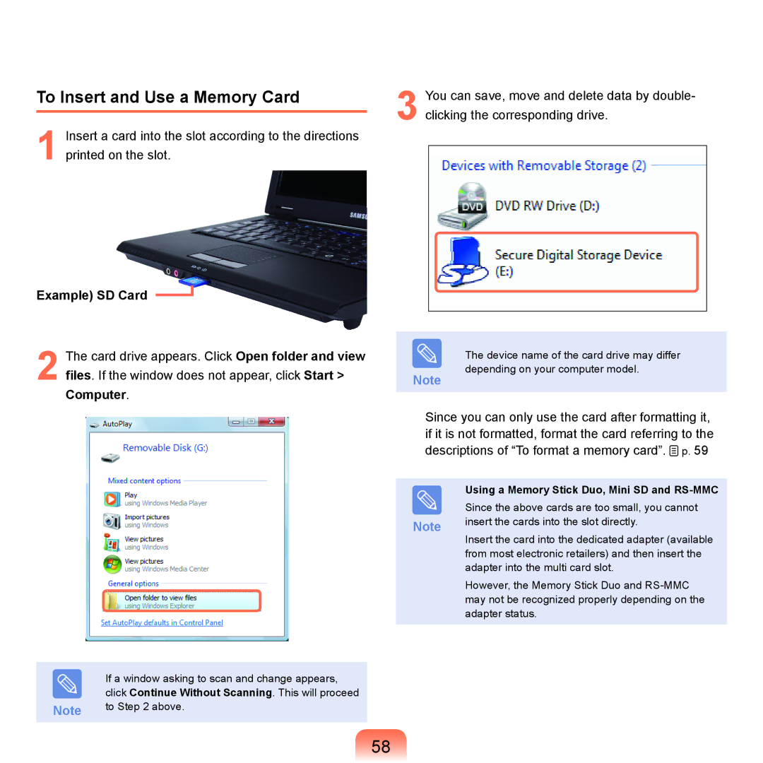 Samsung Q45c, P200, Q46c To Insert and Use a Memory Card, Example SD Card, Using a Memory Stick Duo, Mini SD and RS-MMC 