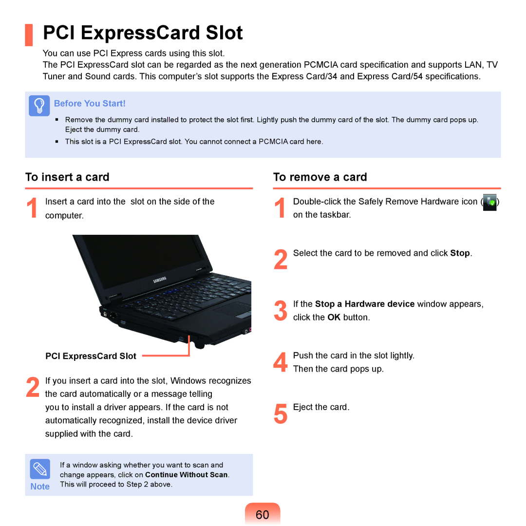 Samsung Q46c, P200, Q45c manual PCI ExpressCard Slot, To insert a card, To remove a card 