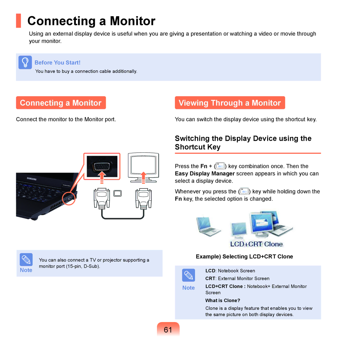 Samsung Q45c Connecting a Monitor, Switching the Display Device using the Shortcut Key, Example Selecting LCD+CRT Clone 