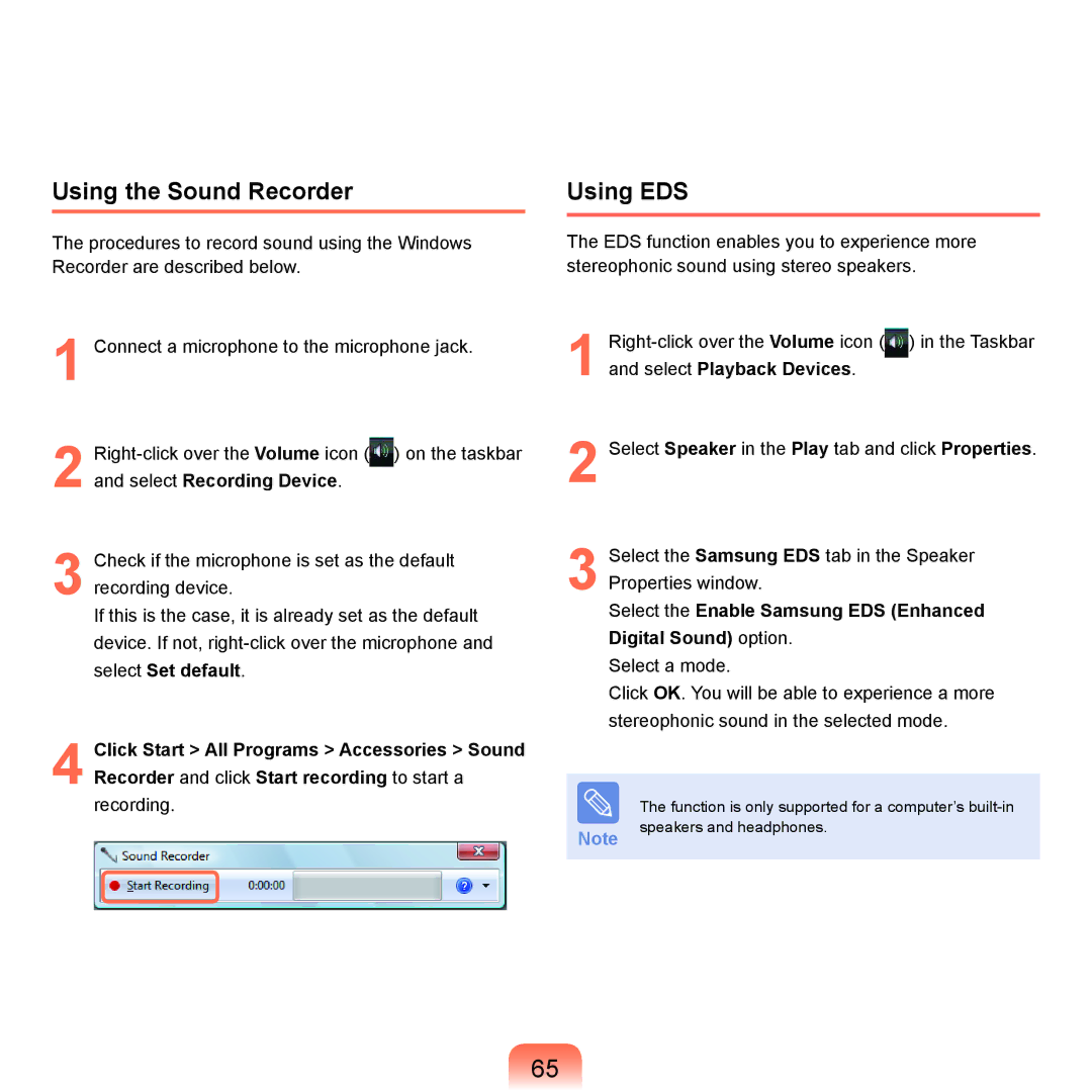 Samsung P200, Q46c, Q45c Using the Sound Recorder, Using EDS, Select the Enable Samsung EDS Enhanced Digital Sound option 