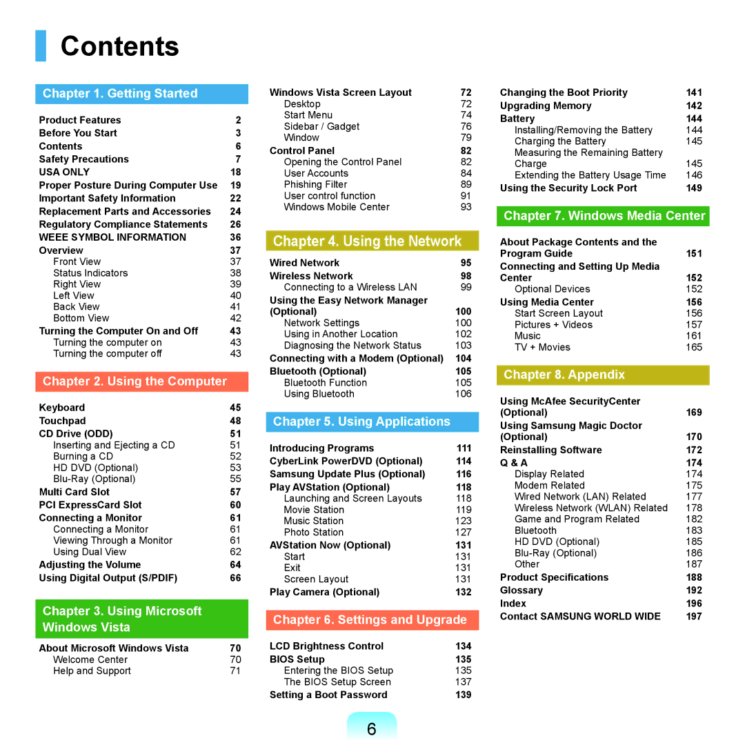 Samsung Q46c, P200, Q45c manual Contents 