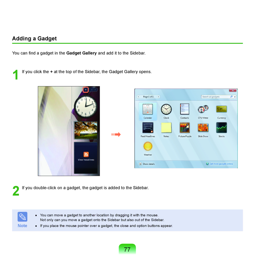 Samsung P200, Q46c, Q45c manual Adding a Gadget 