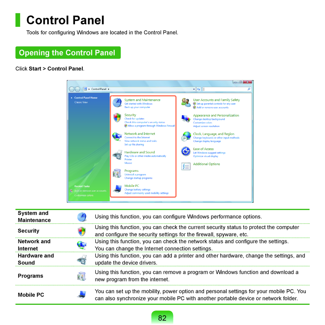 Samsung Q45c, P200, Q46c manual Opening the Control Panel 