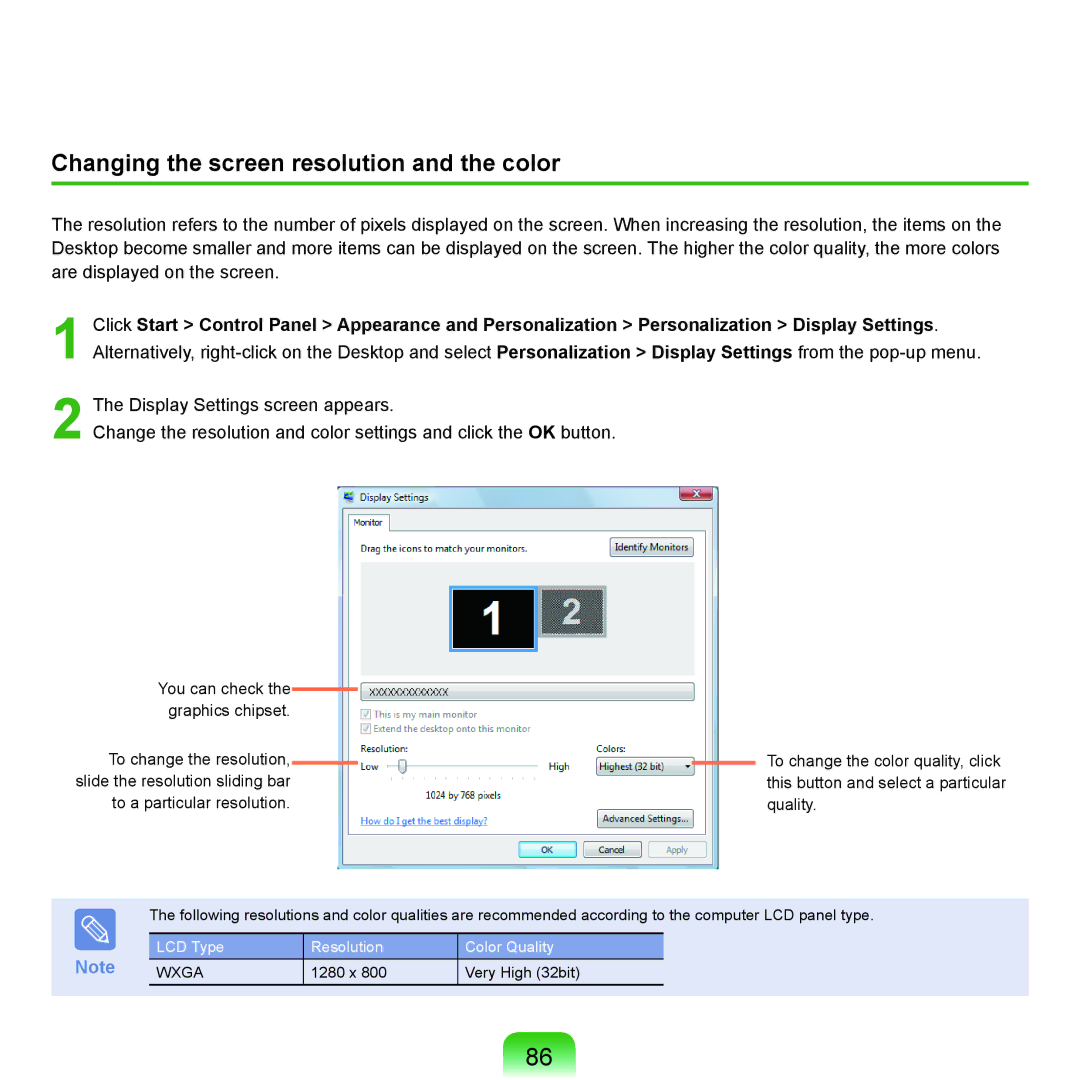 Samsung P200, Q46c, Q45c manual Changing the screen resolution and the color 