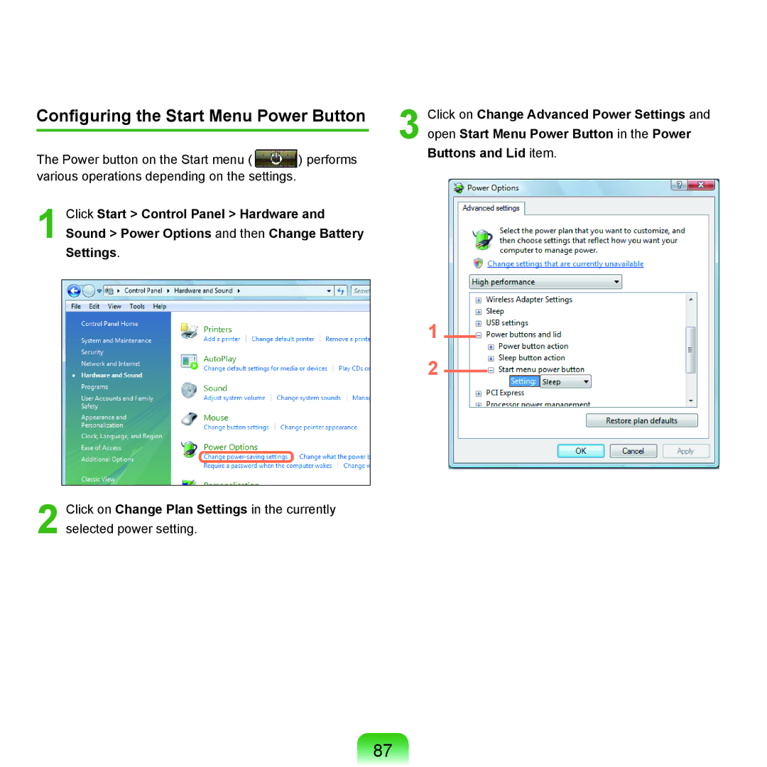 Samsung Q46c, P200, Q45c manual Configuring the Start Menu Power Button 