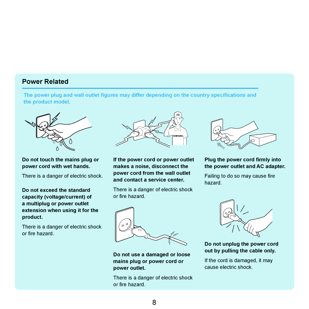 Samsung P200, Q46c, Q45c manual Power Related, Do not touch the mains plug or power cord with wet hands 