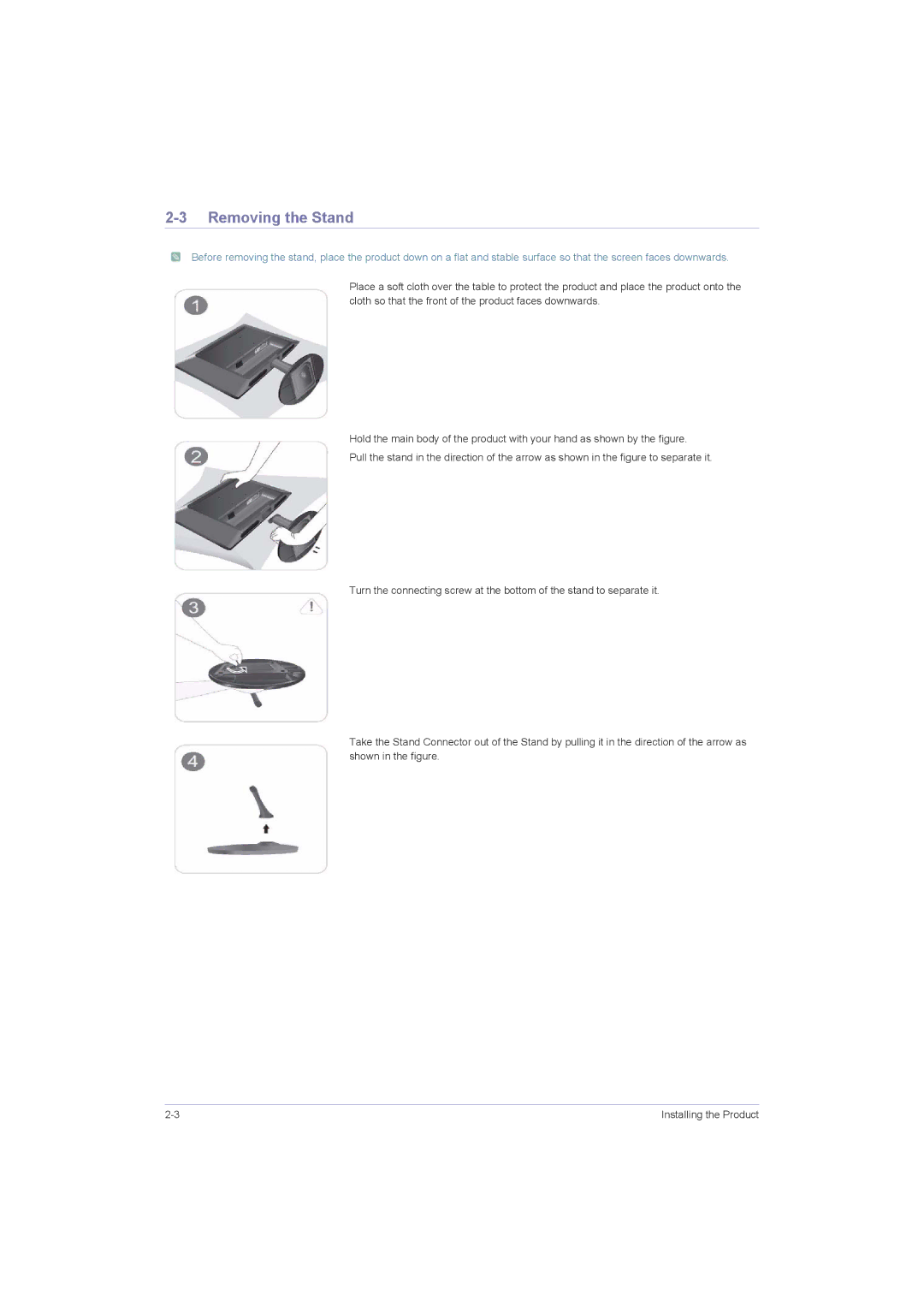 Samsung P2050G, P2250G, P1950W, P2350G user manual Removing the Stand 