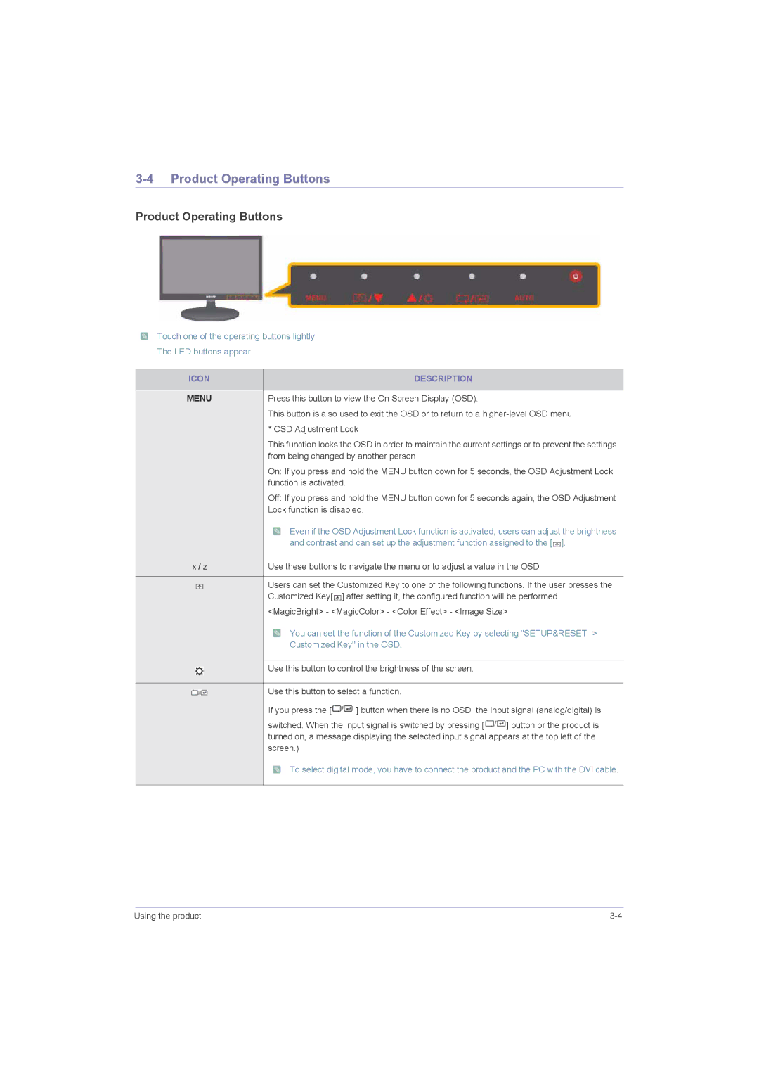 Samsung P1950W, P2050G, P2250G, P2350G user manual Product Operating Buttons, Icon Description 