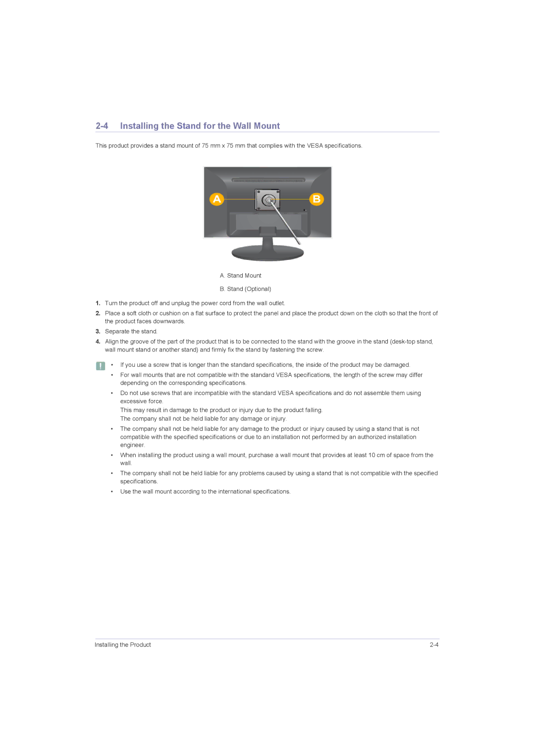 Samsung P2250G, P2050G, P1950W, P2350G user manual Installing the Stand for the Wall Mount 