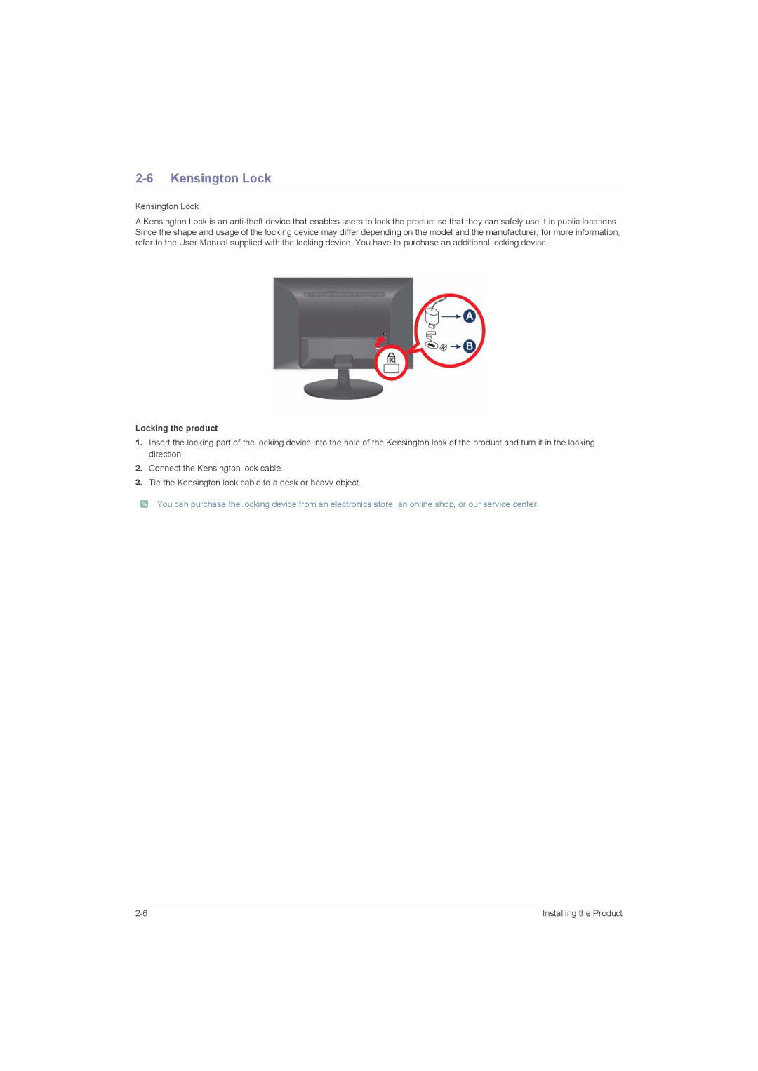 Samsung P2050G, P2250G, P1950W, P2350G user manual Kensington Lock, Locking the product 