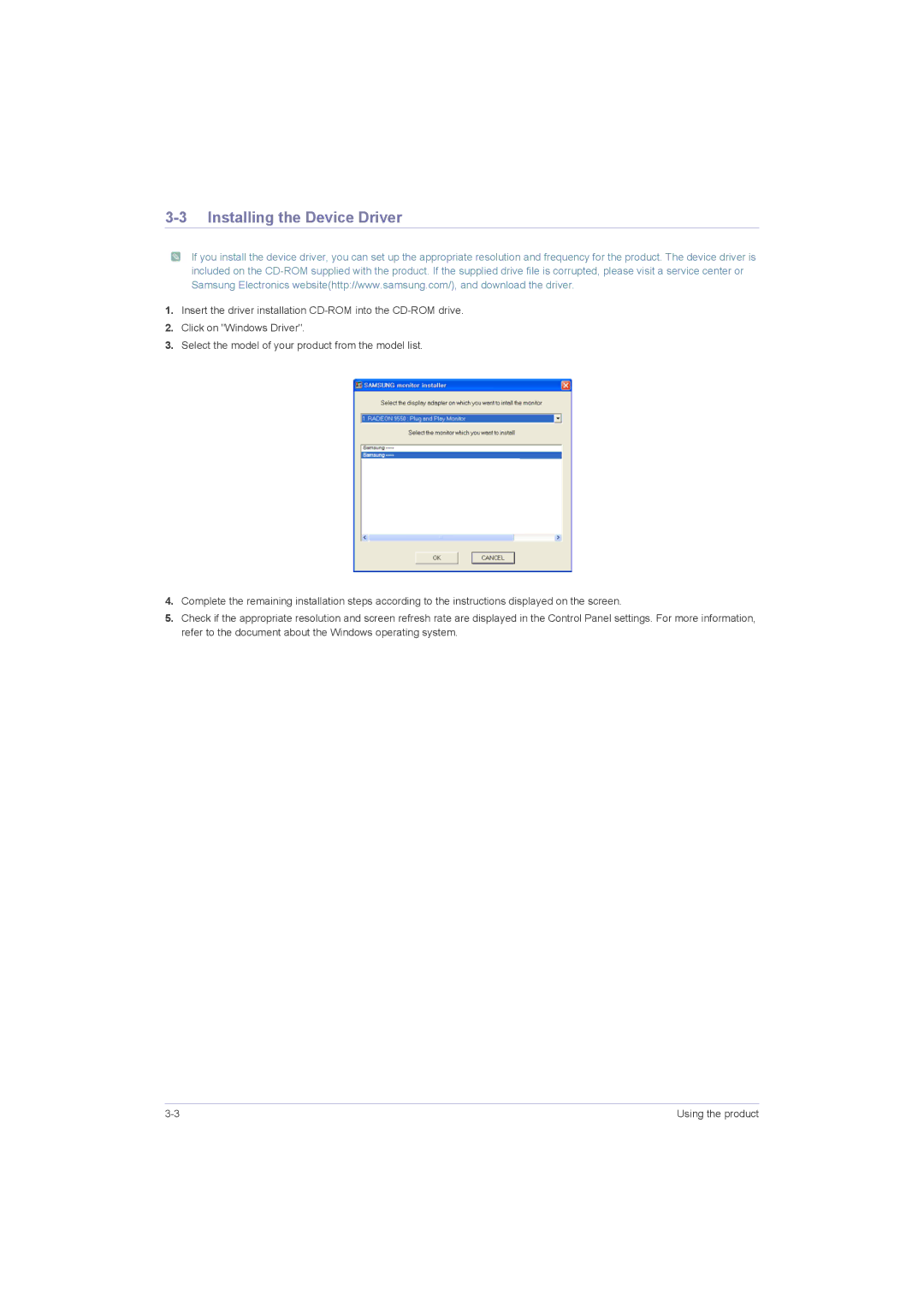 Samsung P2250G, P2050G, P1950W, P2350G user manual Installing the Device Driver 