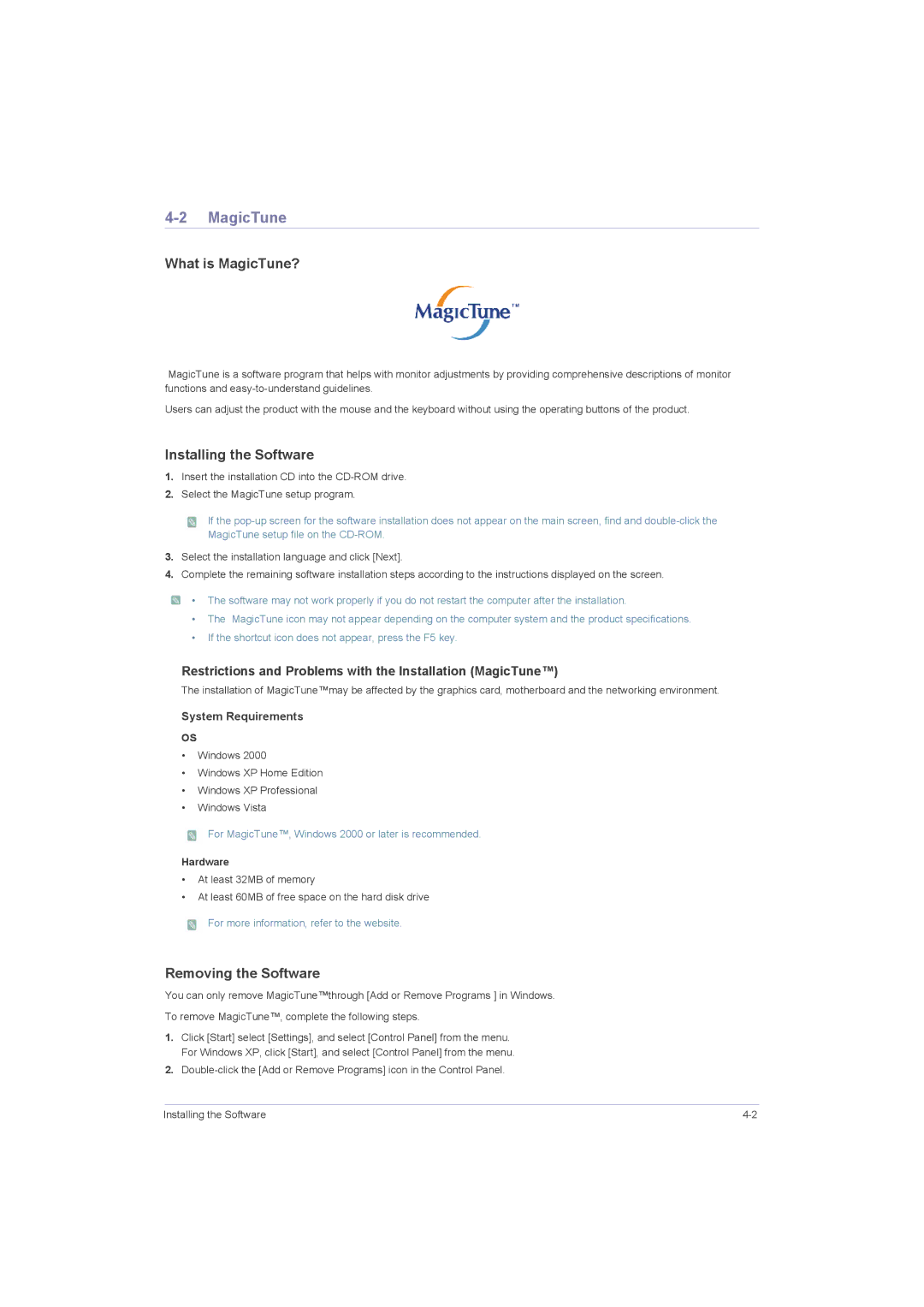 Samsung P2350G, P2050G, P2250G What is MagicTune?, Installing the Software, Removing the Software, Hardware 