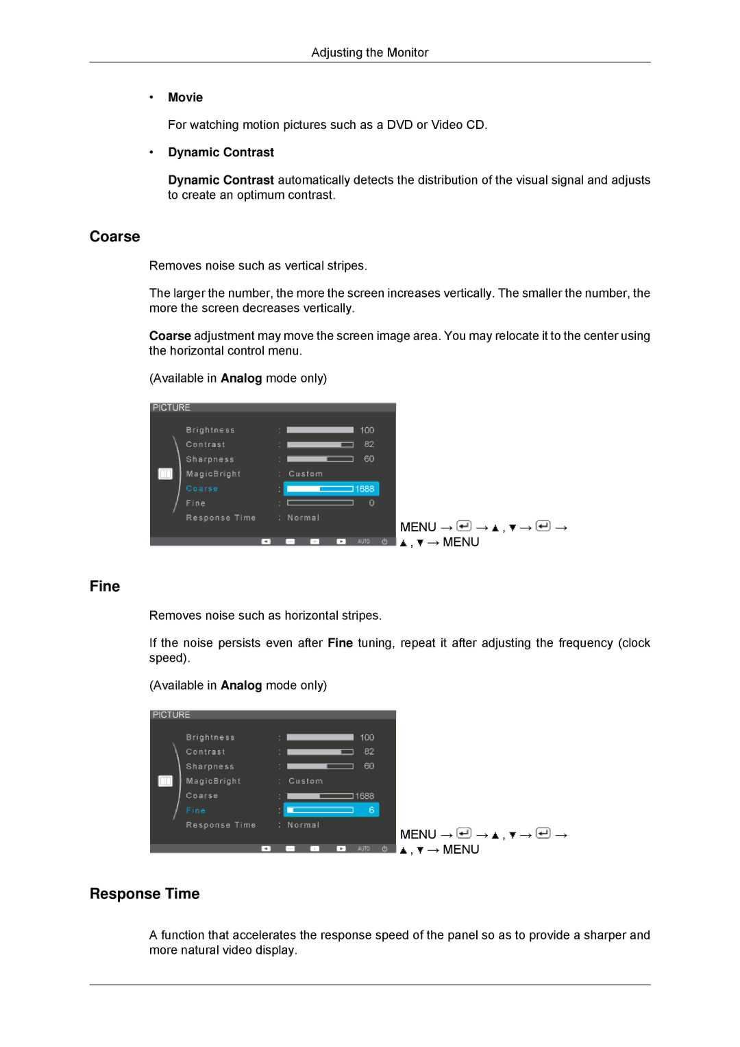 Samsung P2370G, P2070G, P2270G user manual Coarse, Fine, Response Time, Movie, Dynamic Contrast 