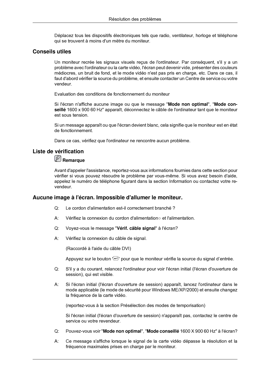 Samsung P2370G, P2070G Conseils utiles, Liste de vérification, Aucune image à lécran. Impossible dallumer le moniteur 