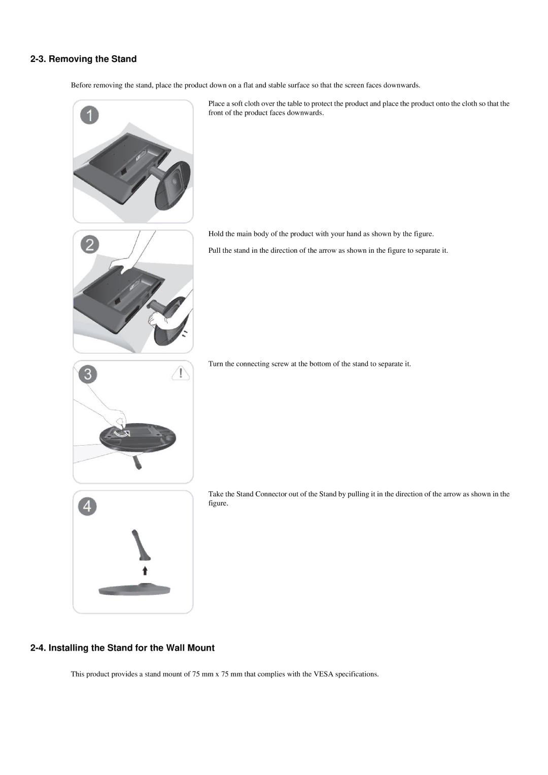 Samsung P2050N, P2250N, P2350N user manual Removing the Stand, Installing the Stand for the Wall Mount 