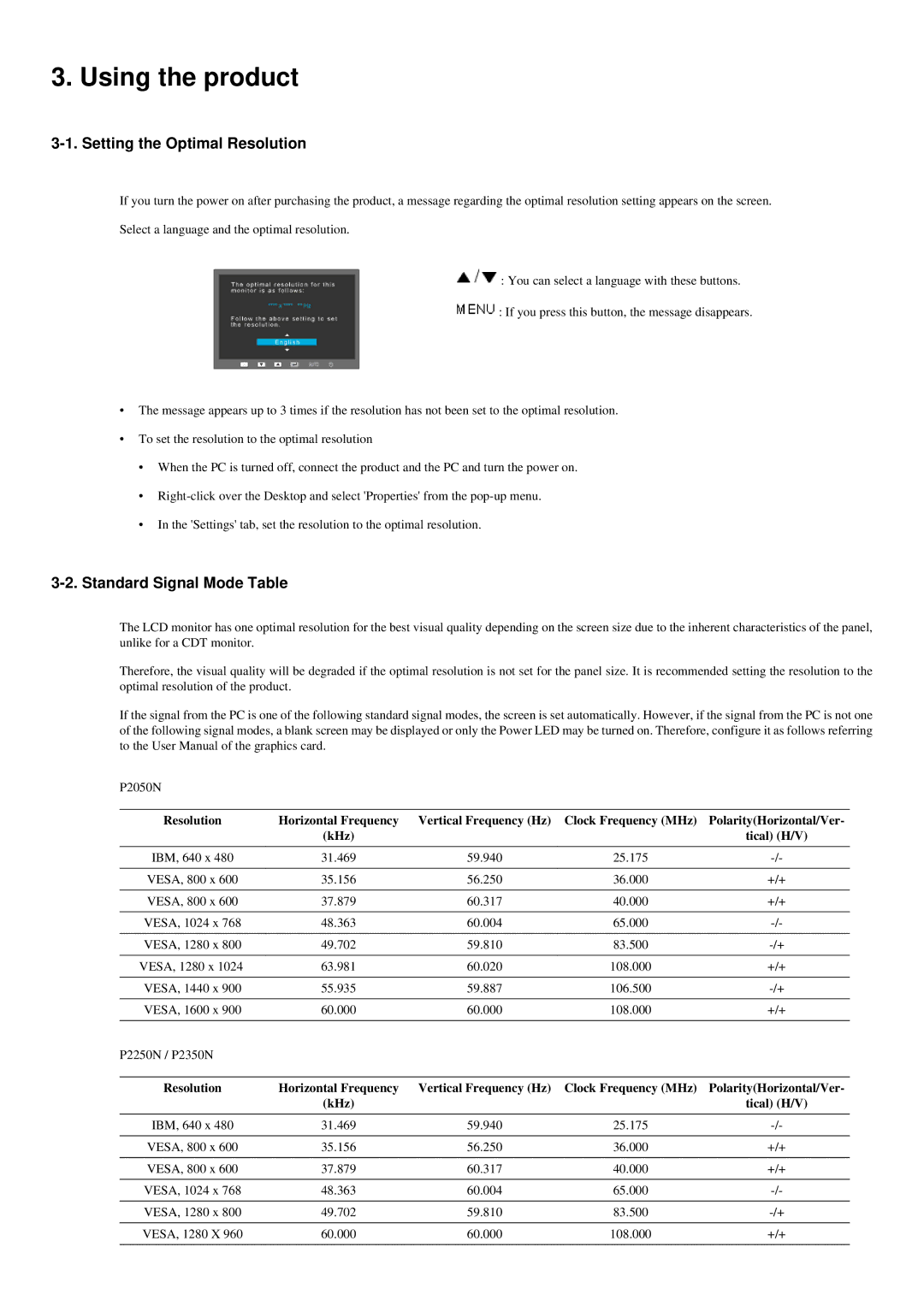 Samsung P2050N, P2250N Using the product, Setting the Optimal Resolution, Standard Signal Mode Table, Clock Frequency MHz 