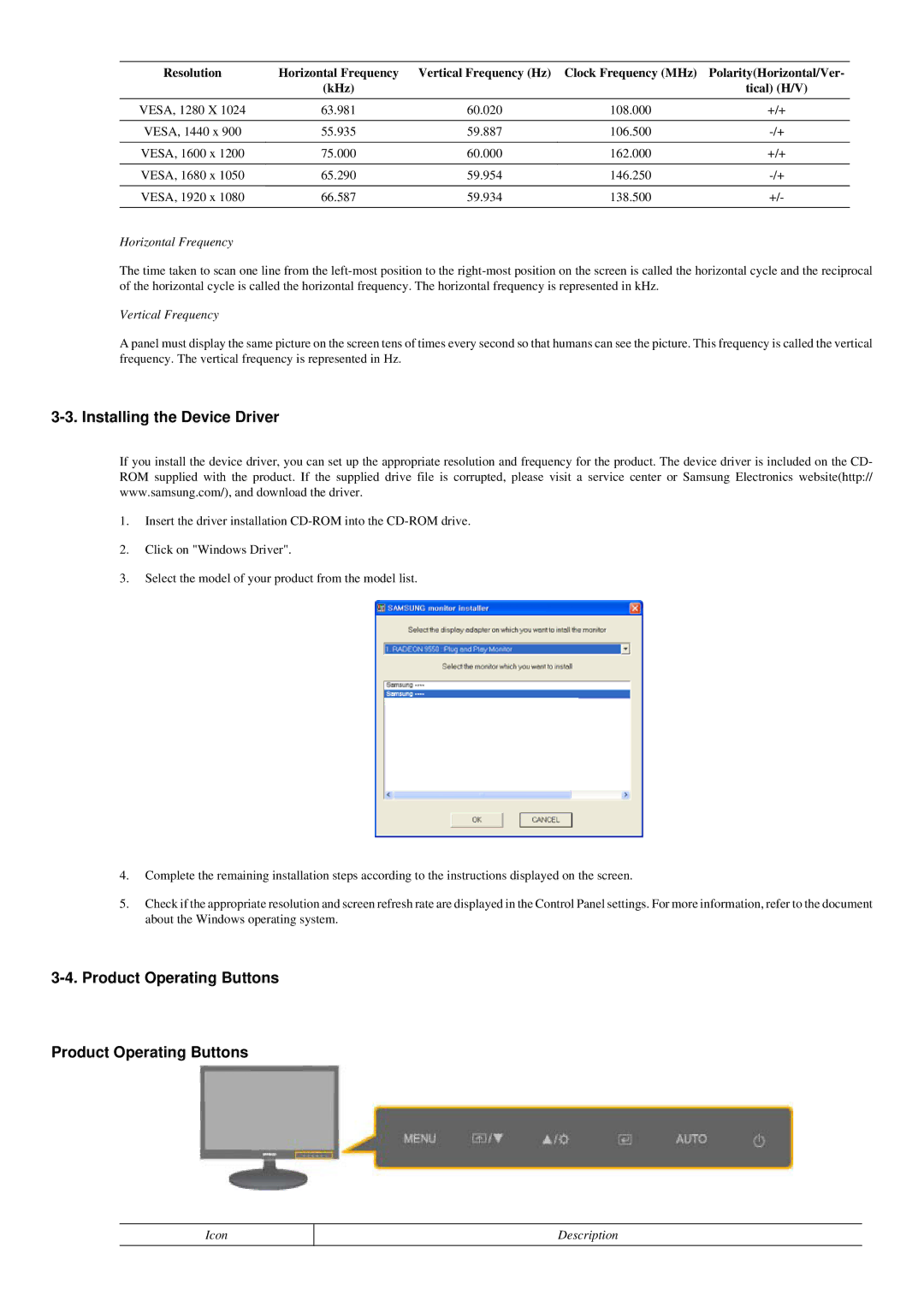 Samsung P2350N, P2250N Installing the Device Driver, Product Operating Buttons, Horizontal Frequency, Vertical Frequency 