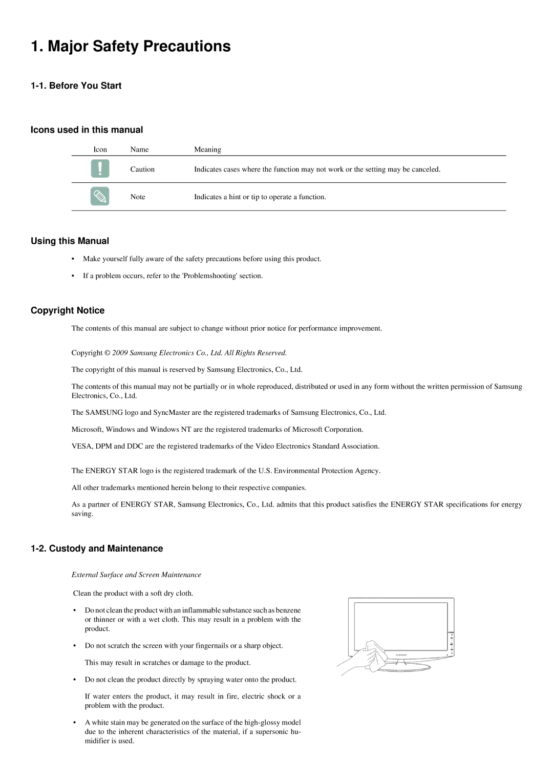 Samsung P2350N Major Safety Precautions, Before You Start Icons used in this manual, Using this Manual, Copyright Notice 