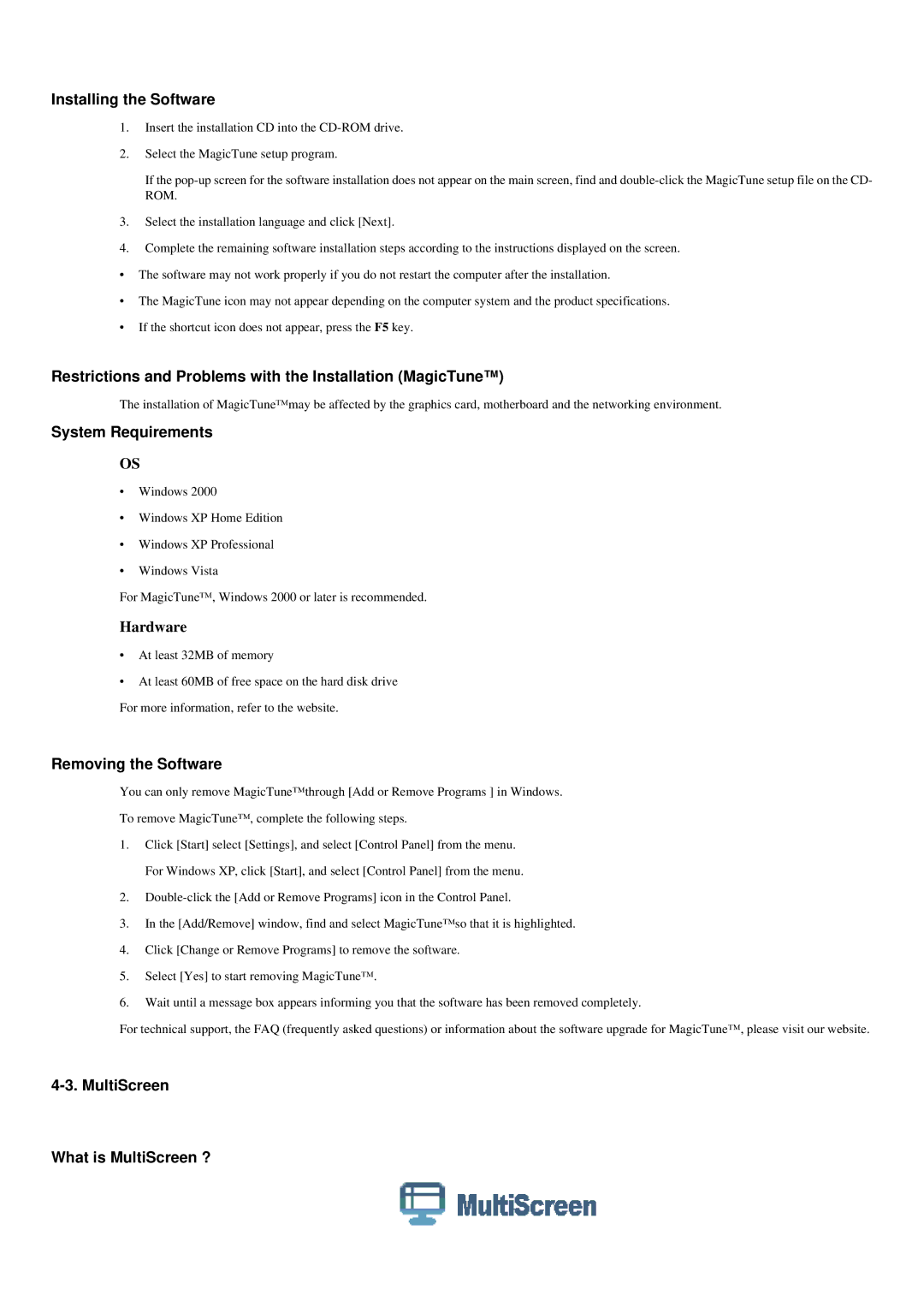 Samsung P2250N Installing the Software, Restrictions and Problems with the Installation MagicTune, System Requirements 