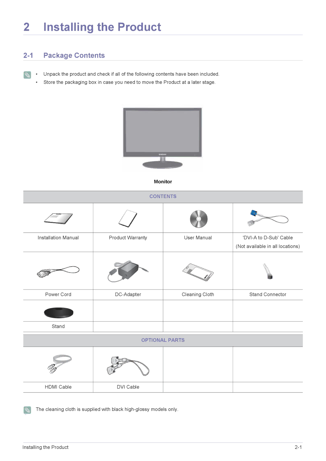 Samsung P2070H, P2270H user manual Installing the Product, Package Contents 