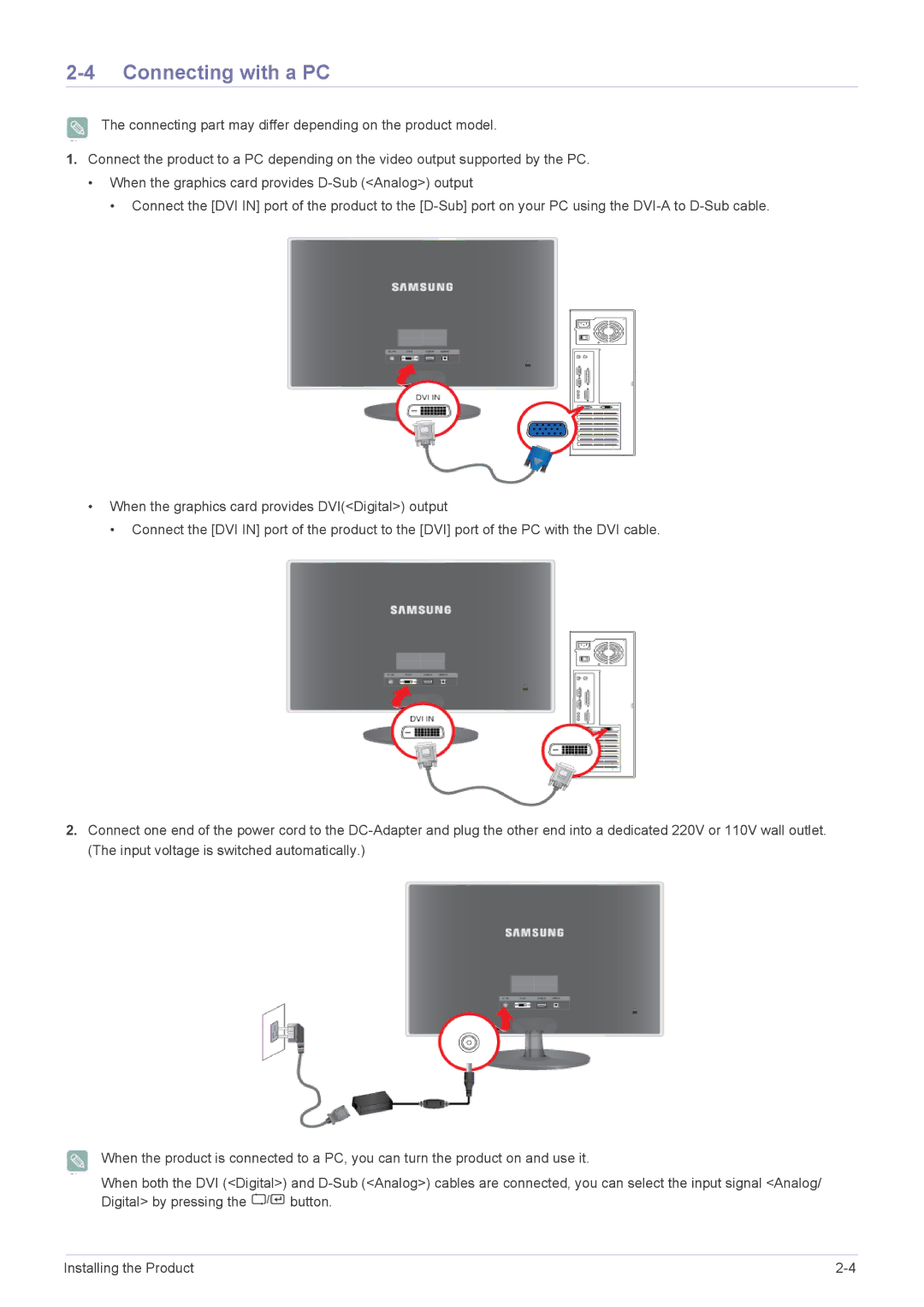 Samsung P2070H, P2270H user manual Connecting with a PC 