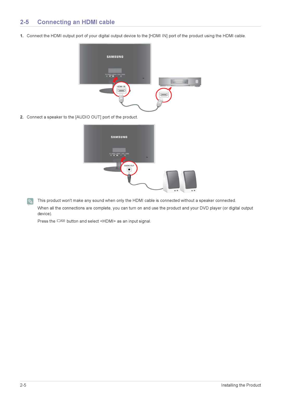 Samsung P2270H, P2070H user manual Connecting an Hdmi cable 