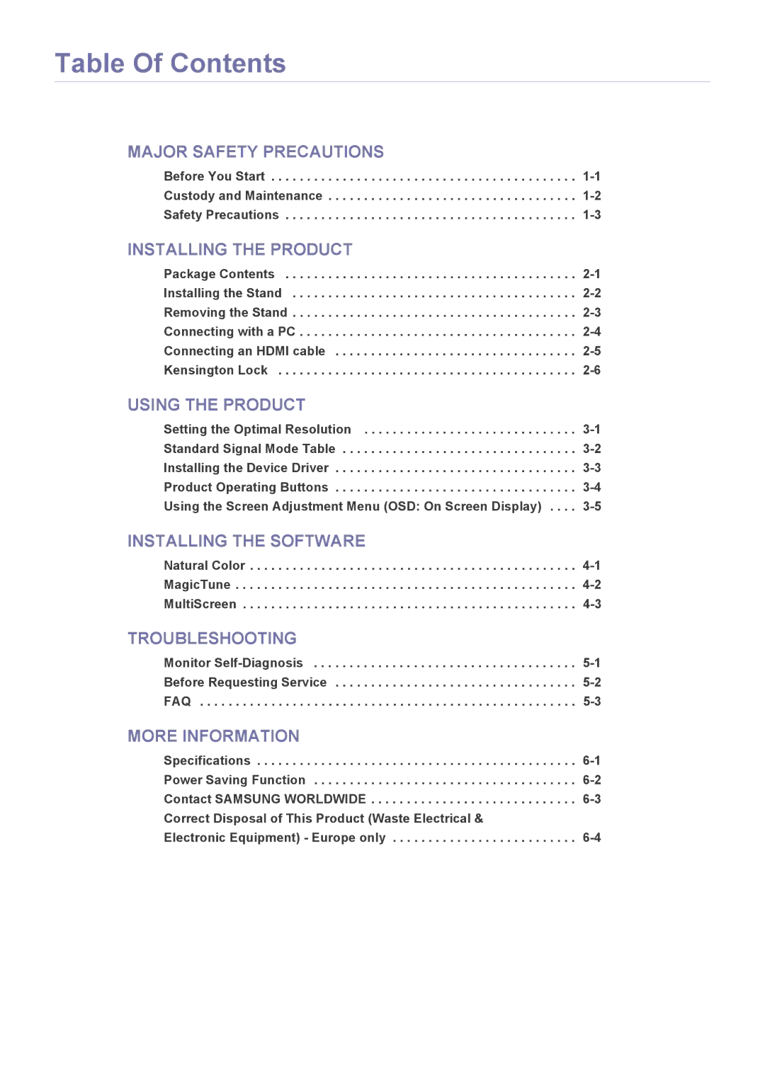 Samsung P2270H, P2070H user manual Table Of Contents 