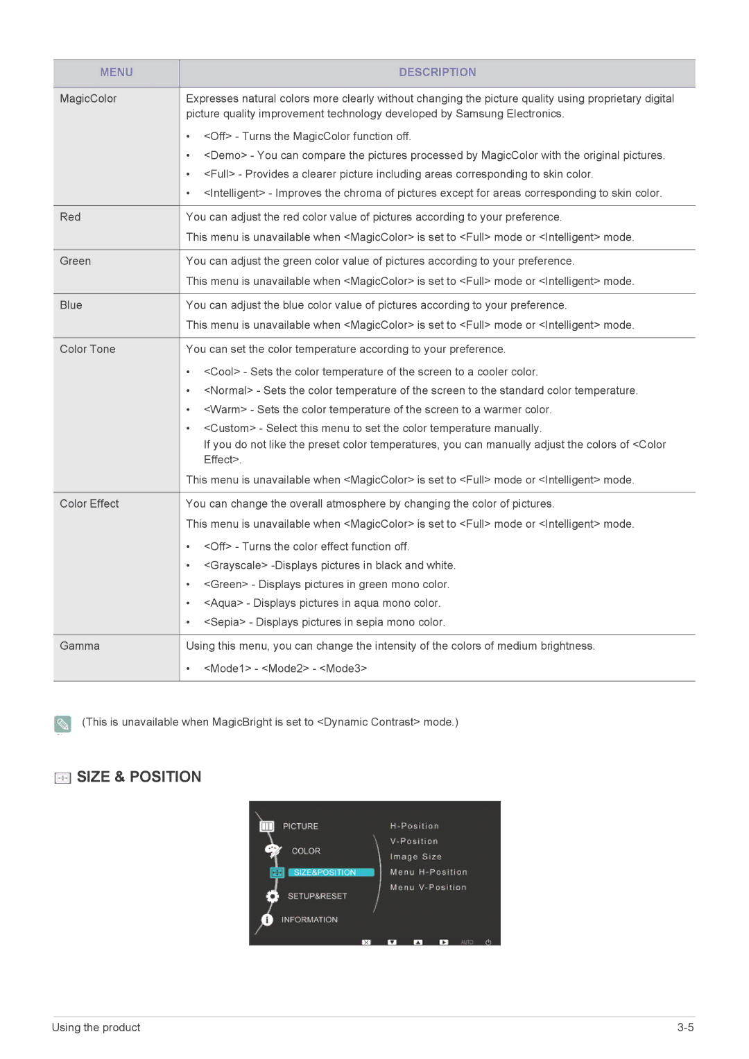 Samsung P2070H, P2270H user manual Size & Position 